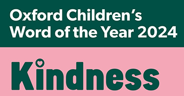 a graphic in green and pink. It reads 'oxford children's word of the year 2024' and 'kindness'