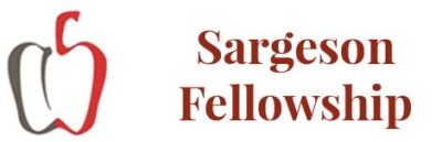 the Sargeson Fellowship logo, a stylised apple in red and grey with the words sargeson and fellowship in a dark red