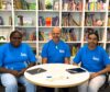 Bronanna Waterloo, Darren Moncrieff, Deborah “Rose” Archie, sitting in front of a bookshelf with blue ILF shirts on for the ILF Talent Pathways Program inaugural workshops in Sydney in April 2025.