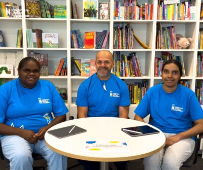 Bronanna Waterloo, Darren Moncrieff, Deborah “Rose” Archie, sitting in front of a bookshelf with blue ILF shirts on for the ILF Talent Pathways Program inaugural workshops in Sydney in April 2025.