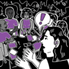 Call it out poster, a black and white image with purple accents featuring a white woman with dark hair speaking to a large group of people of many different skin tones. One of the people she is speaking to has a purple exclamation point above them in a white speech bubble