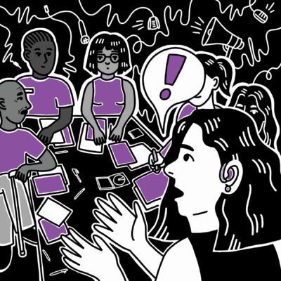 Call it out poster, a black and white image with purple accents featuring a white woman with dark hair speaking to a large group of people of many different skin tones. One of the people she is speaking to has a purple exclamation point above them in a white speech bubble