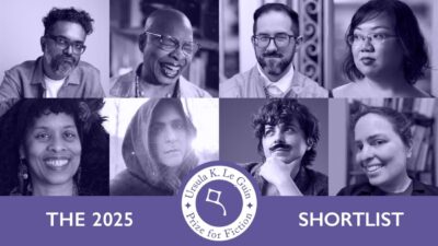 The 2025 Ursula K Le Guin shortlist headshots and logo with purple overlay.