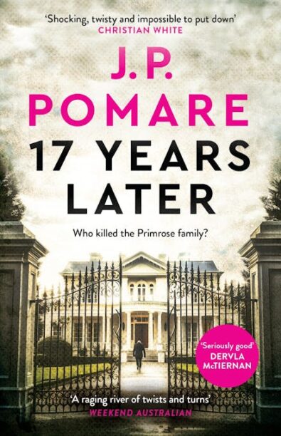 the book cover of 17 years later, featuring an image of a large house behind tall gates