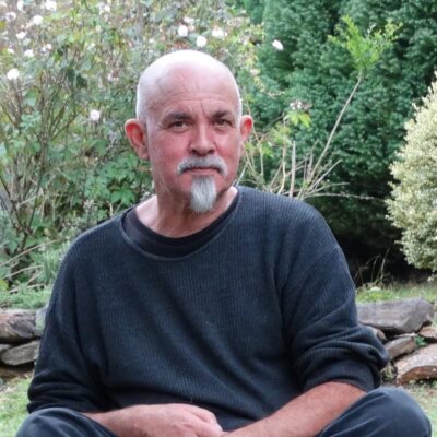 a portrait of David Brooks, a bald man with a white moustache and goatee