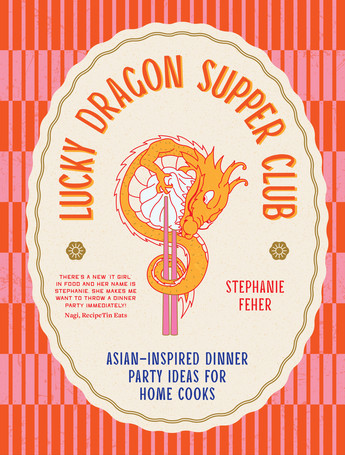 The book cover of ‘Lucky Dragon Supper Club’ by Stephanie Feher. A dragon bites a dumpling held by chopsticks.