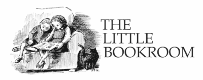 Bookstore The Little Bookroom's logo. Nect to the bookstore's name, two children are sketched in black and white. They on a couch reading a book together.