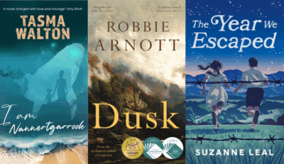 a composite image of three book covers: I am Nannertgarrook, Dusk, and The Year We Escaped