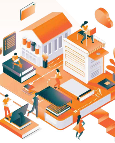 Graphic showing people using libraries in various ways.